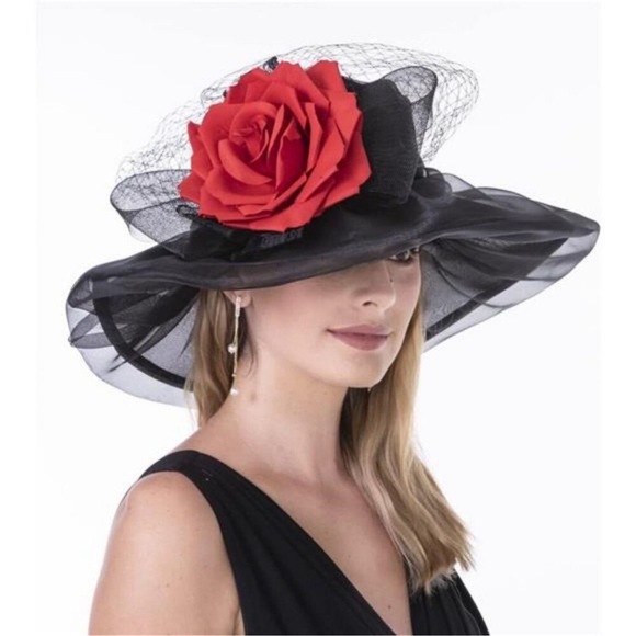 Kentucky Derby Church Dress Hat for Women Formal Bridal Party Prom Black and Red - Picture 5 of 6